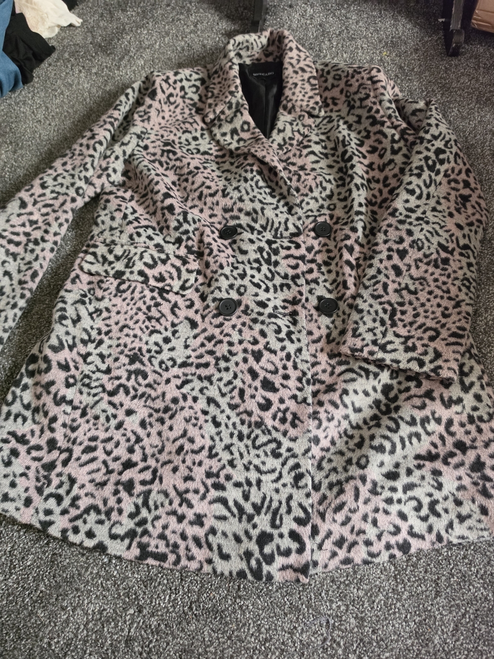 Dolce Cabo Pink and Black Leopard Print Double-Breasted Pea Coat